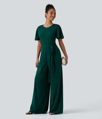 Round Neck Short Sleeve Tie Front Wide Leg Jumpsuit with Pockets-Easy Peezy Edition