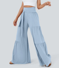Breezeful™ High Waisted Shirred Tie Front & Back Wide Leg Flowy Quick Dry Casual Pants
