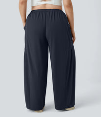 Mid Rise Elastic Waistband Drawstring Pocket Palazzo Flowy Wide Leg Casual Plus Size Pants