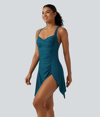 Queen Anne Neck Adjustable Straps Twisted Ruched Split Hem 2-in-1 Built-in Bra Push-Up Tummy Control Swim Dress with Pockets