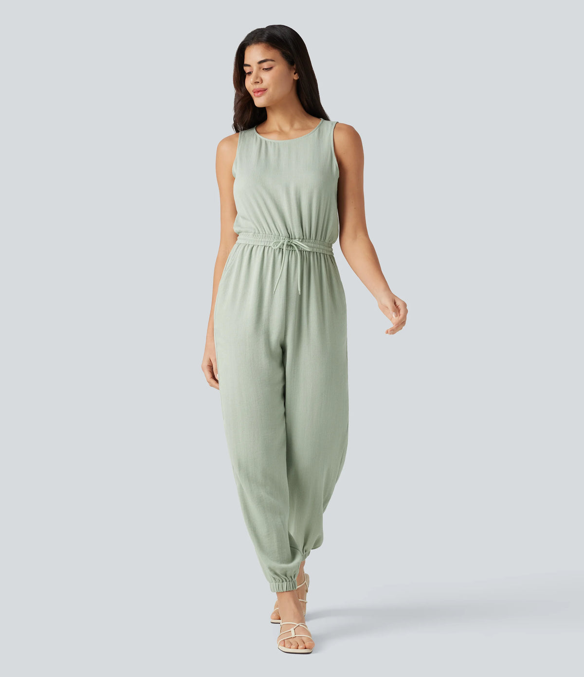 Round Neck Sleeveless Drawstring Linen-Feel Casual Jumpsuit with Pockets