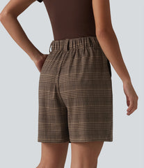 High Waisted Baggy Plaid Work Bermuda Shorts with Pockets