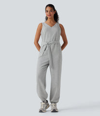 V-neck Sleeveless Belted Workout Jumpsuit with Pockets