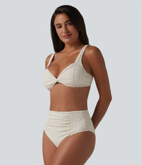 Adjustable Straps Twisted Ruched Tummy Control Jacquard Bikini Set