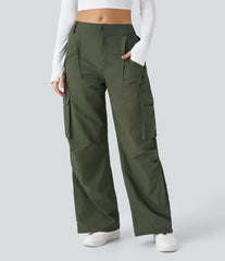 Mid Rise Button Zipper Side Pocket Wide Leg Baggy Casual Cargo Pants