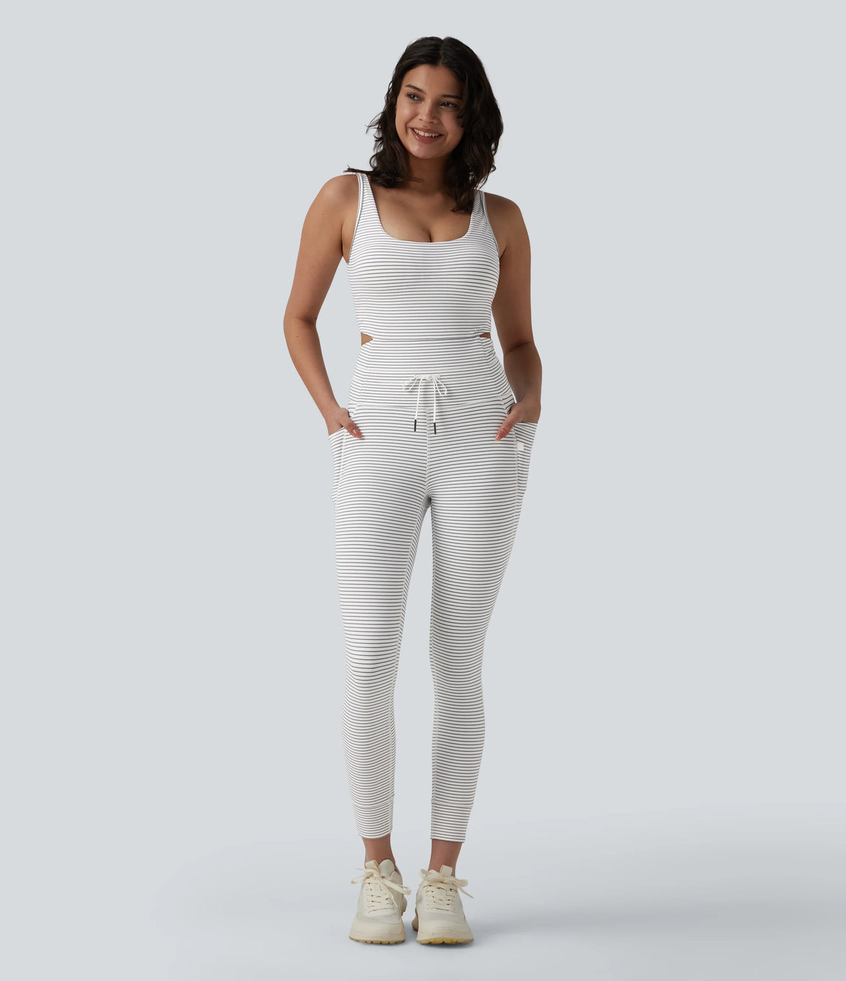 U Neck Cut Out Drawstring Tummy Control Stripe Yoga Jumpsuit with Pockets-Easy Peezy Edition