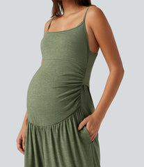 Built-In-Bra Ruched Wide Leg Heathered Casual Maternity Slip Jumpsuit with Pockets-Easy Peezy Edition