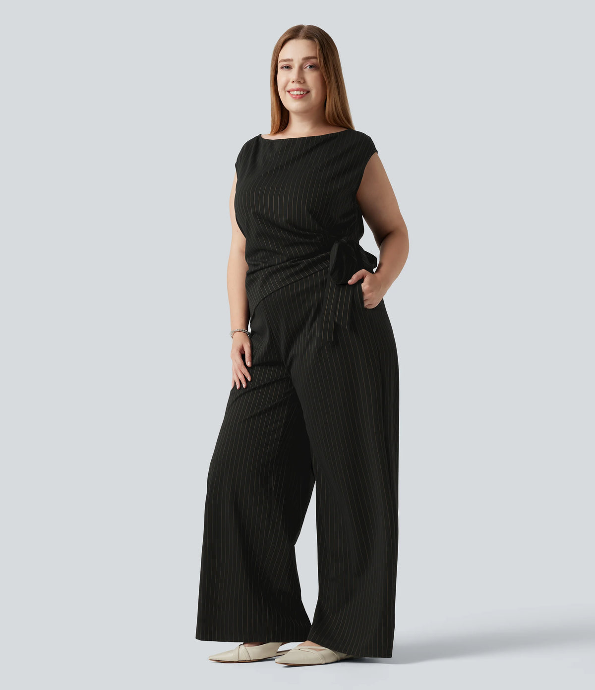 Plus Size Boat Neck Sleeveless Tie Side InstantCool Stripe Work Jumpsuit with Pockets-Easy Peezy Edition