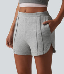 Mid Rise Pintuck Curved Hem Casual Shorts 3'' with Pockets