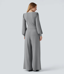 V-neck Puff Long Sleeve Crossover Work Jumpsuit with Pockets-Easy Peezy