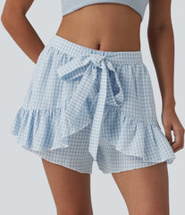 Mid Rise Tie-front Ruffle Gingham Resort Linen-Feel Shorts with Pockets