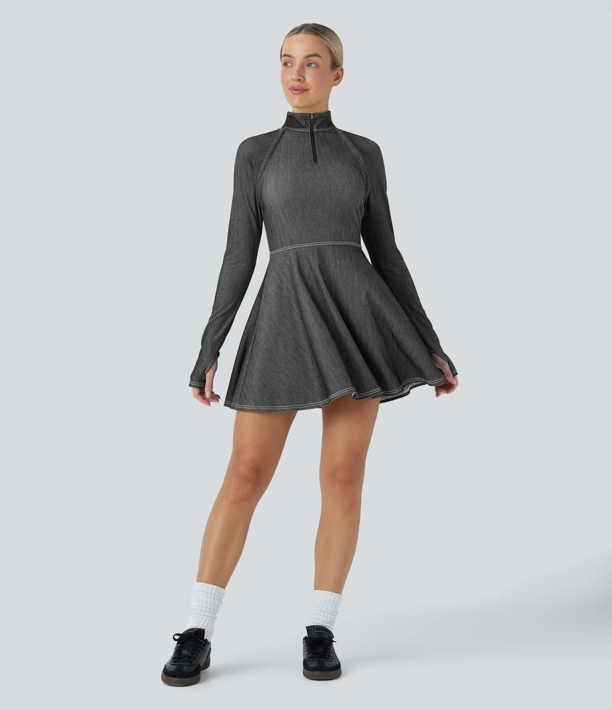 Halara Flex™ Zipper Removable Sleeve Thumb Hole Flare Mini InstantCool Washed Denim Tennis Active Dress