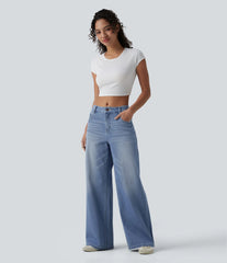 Halara Flex™ Mid Rise Washed Baggy Wide Leg Casual Jeans with Pockets
