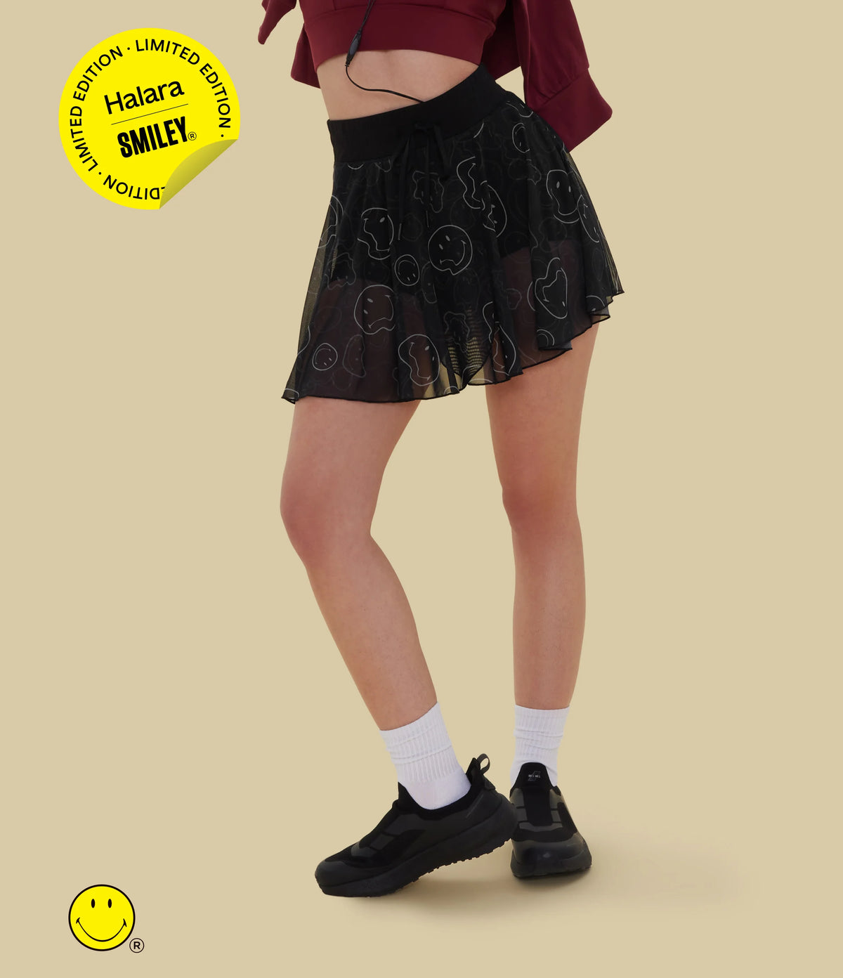 Halara X Smiley® High Waisted Drawstring Contrast Mesh 2-in-1 Flowy Mini Flare Dance Skirt with Pockets