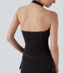 Halara Flex™ Halter Zipper Washed Denim Casual Tank Top