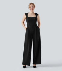 Square Neck Sleeveless Contrast Lace Bridesmaid And Wedding Guest Jumpsuit with Pockets-Easy Peezy