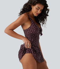 V Neck Push-Up Tie Front Tummy Control 2-in-1 Polka Dot One-Piece Swimsuit