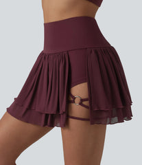 High Waisted 2-in-1 Asymmetric Hem Mini Breathable Mesh Dance Tiered Skirt with Pockets