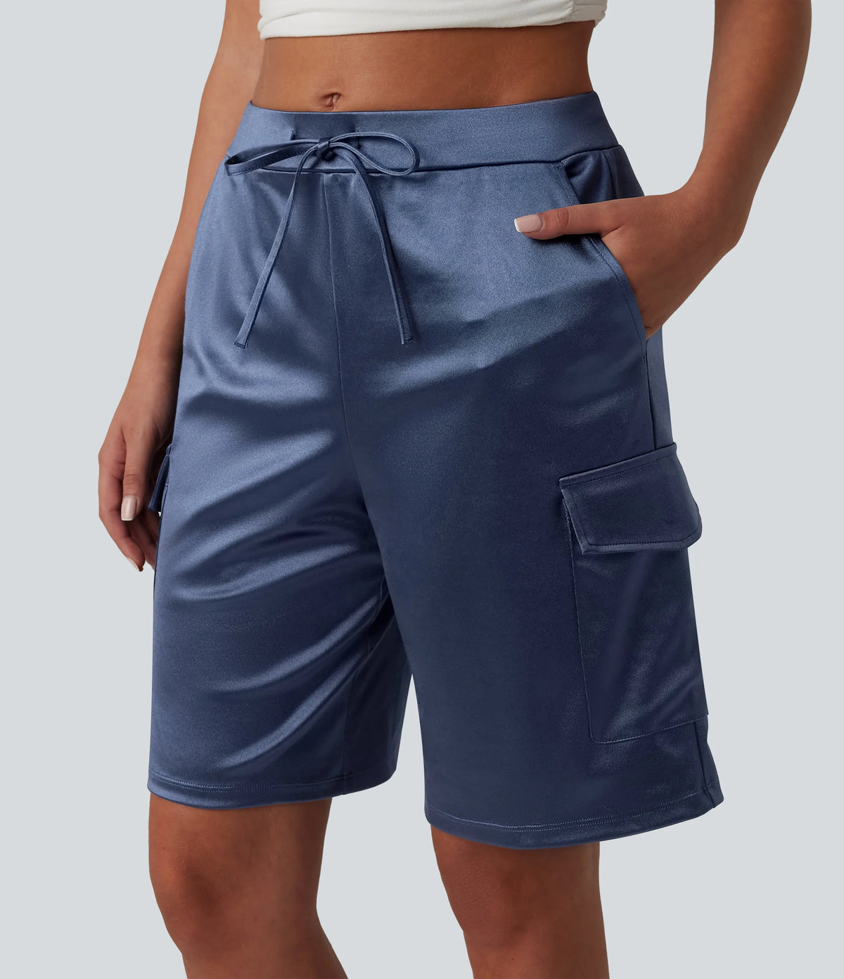 Mid Rise Drawstring Satin Casual Cargo Bermuda Shorts 9'' with Pockets
