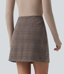 High Waisted 2-in-1 Houndstooth Plaid Mini Work Skirt-Longer Length