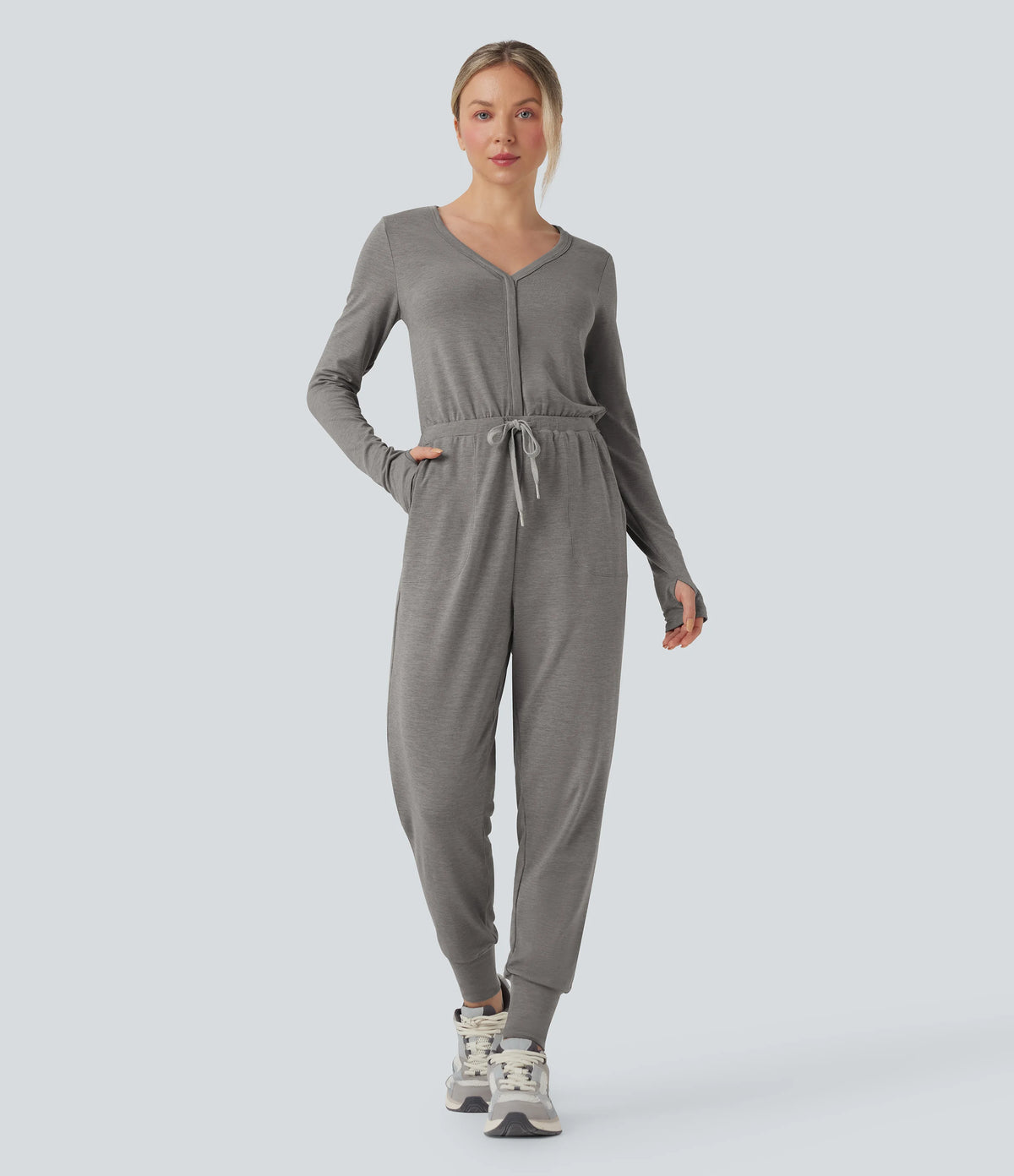 V Neck Long Sleeve Thumb Hole Drawstring Workout Jumpsuit with Pockets-Easy Peezy Edition