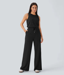 Round Neck Sleeveless Keyhole Back Drawstring Pocket Casual Jumpsuit