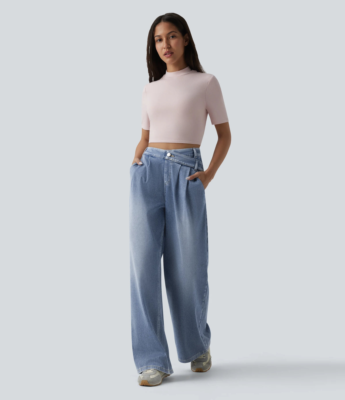 Halara Flex™ Asymmetric High Waisted Wide Leg Washed Casual Jeans with Pockets