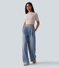 Halara Flex™ Asymmetric High Waisted Wide Leg Washed Casual Jeans with Pockets