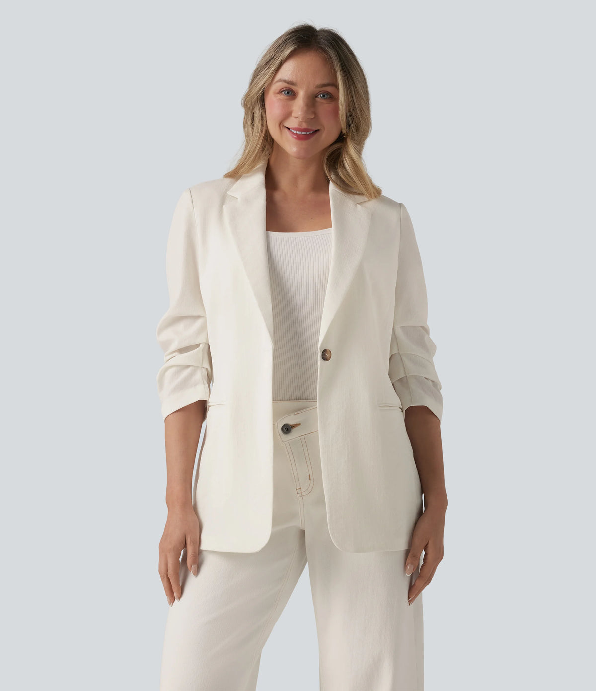 3/4 Sleeve Ruched Linen-Feel Work Blazer with Pockets