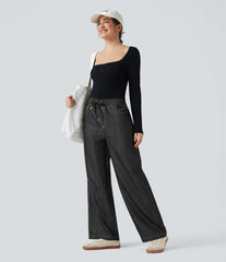 High Waisted Drawstring Wide Leg Denim Like Casual Linen-Feel Pants with Pockets