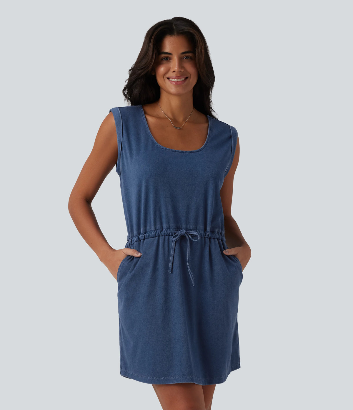 Halara Flex™ U-Neck Sleeveless Drawstring Mini Draped Lyocell Denim Casual Dress with Pockets
