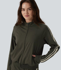 DayStretch Stand Collar Color Block Stripes Workout Jacket with Pockets