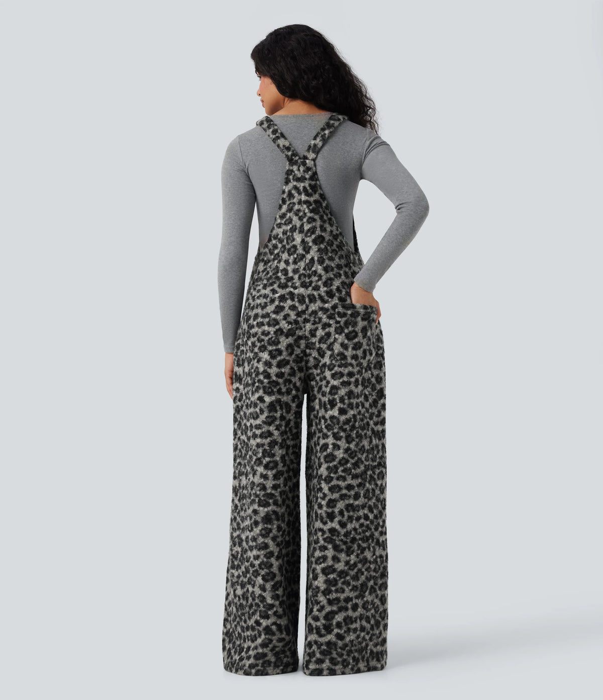 Square Neck Leopard Print Teddy Casual Baggy Overalls with Pockets