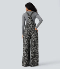 Square Neck Leopard Print Teddy Casual Baggy Overalls with Pockets