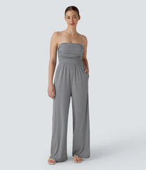 Adjustable & Removable Strap Ruched Pocket Plaid Casual Jumpsuit