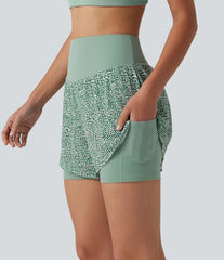 High-waisted Leopard Print 2-in-1 Running Baggy Shorts with Pockets