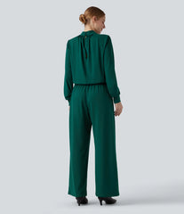 Mock Neck Keyhole Back Long Sleeve Wide Leg Work Jumpsuit with Pockets