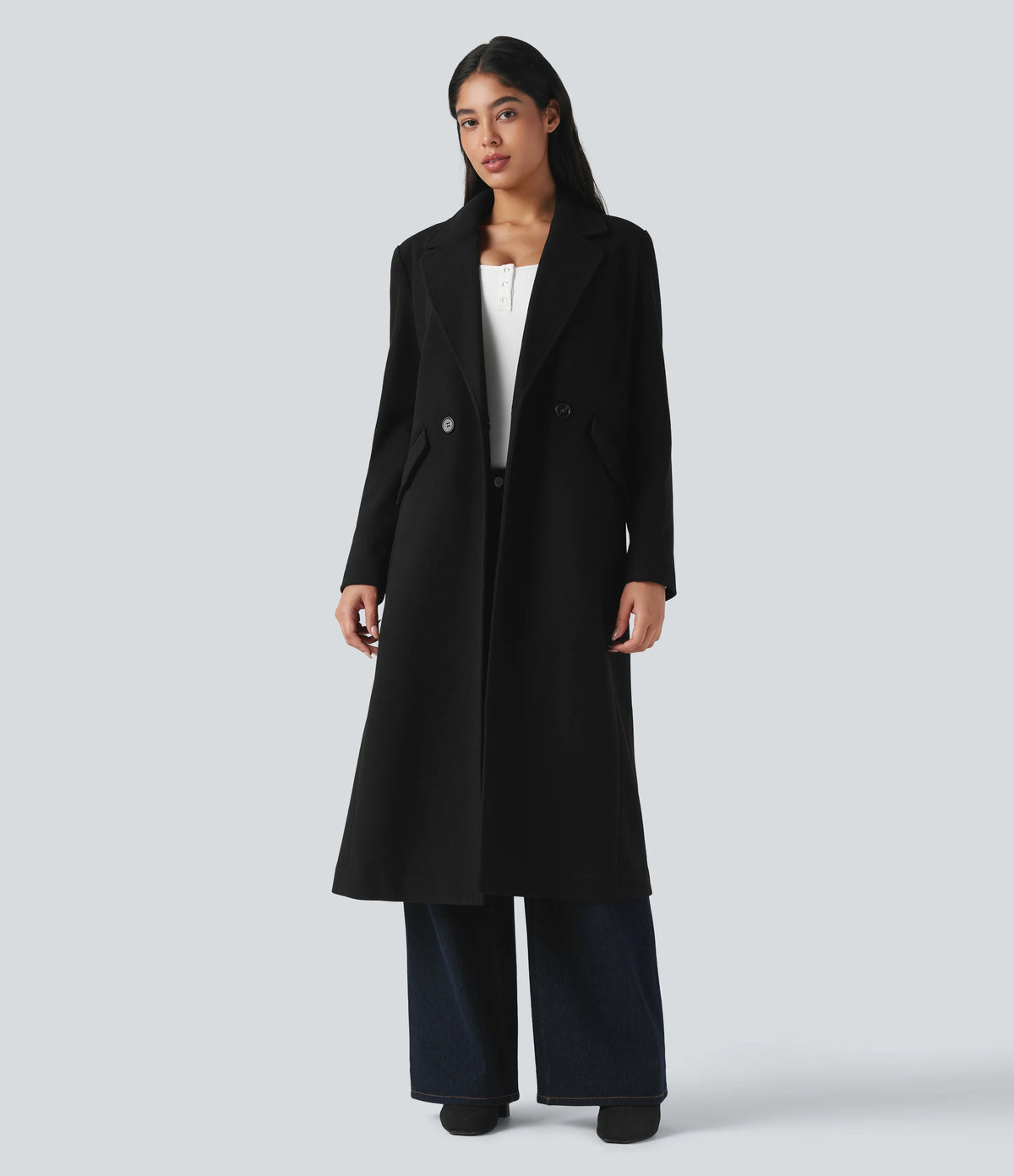 Notched Collar Long Sleeve Longline Fleece Casual Coat with Pockets
