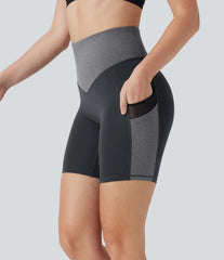 High Waisted Color Block Contrast Mesh Quick Dry Yoga Biker Shorts 7'' with Pockets