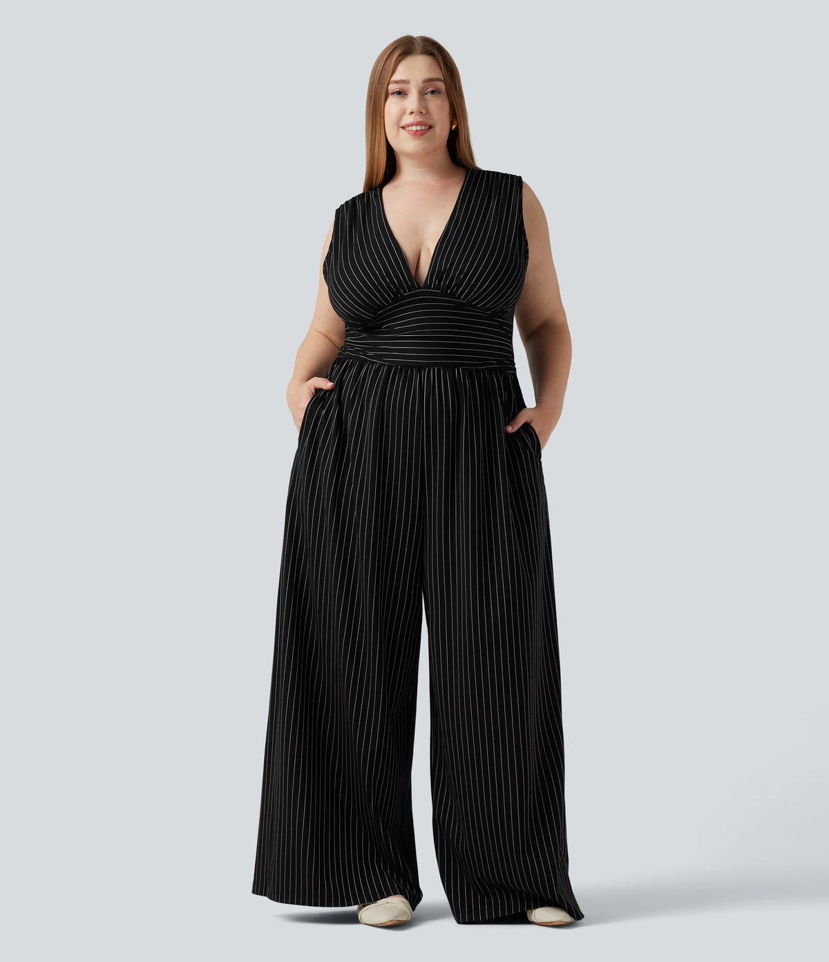 Plus Size Deep V Neck Built-in Bra Sleeveless Ruched Cool Touch Stripe Work Jumpsuit with Pockets-Easy Peezy Edition