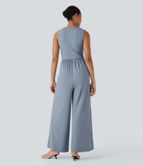 SoftlyZero™ Airy V Neck Sleeveless Ruched Pocket InstantCool Casual Jumpsuit-Easy Peezy