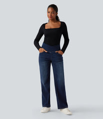 Halara Flex™ Crossover High Waisted Tummy Control Casual Straight Leg Jeans with Pockets