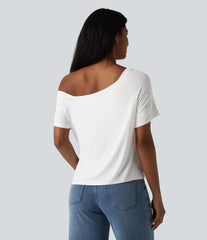 One Shoulder Short Sleeve Built-in Bra Tie Front Casual T-Shirt