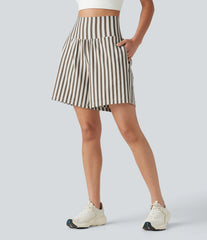 High Waisted 2-in-1 Stripes Yoga Baggy Shorts 7'' with Pockets