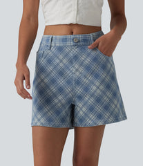 Halara Flex™ Mid Rise Plaid Denim Casual Shorts 4'' with Pockets