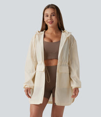 Water Repellent Wear-Resistant Hooded Drawstring Curved Hem Hiking Cargo Jacket with Pockets
