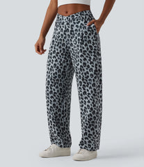Asymmetric Mid Rise Barrel Leg Leopard Print Waffle Work Pants with Pockets