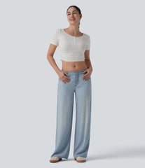 Low Rise Draped Casual Wide Leg Jeans with Pockets