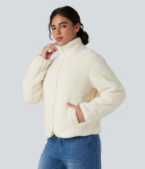 Stand Collar Long Sleeve Casual Sherpa Jacket with Pockets