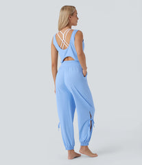 Sleeveless Cut Out Drawstring Pocket InstantCool Yoga Jumpsuit-UPF50+